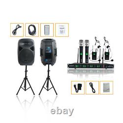 2X PA 2500W 15 Active Powered Speakers With Stage Steel Stands 4CH DJ Microphone